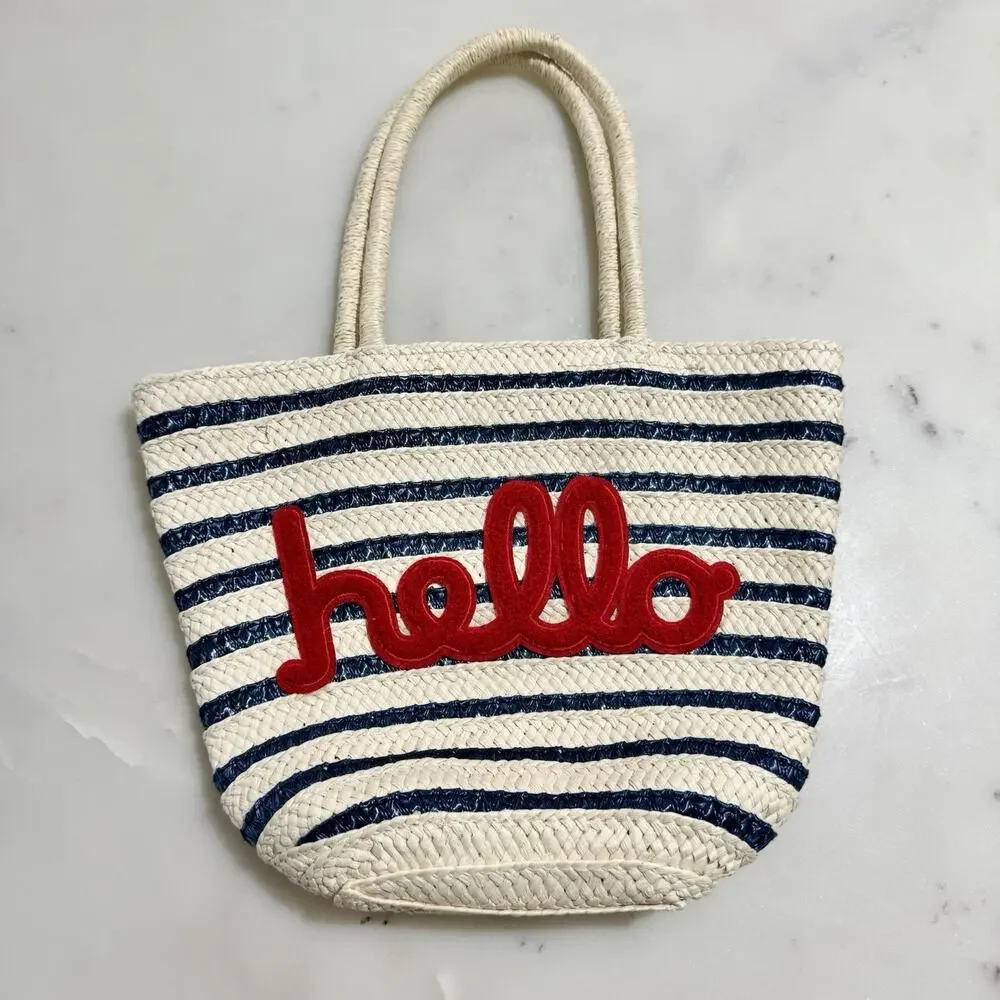Stripe Straw Tote Bag Hello Blue Red Beige New England Summer Beach Coastal
